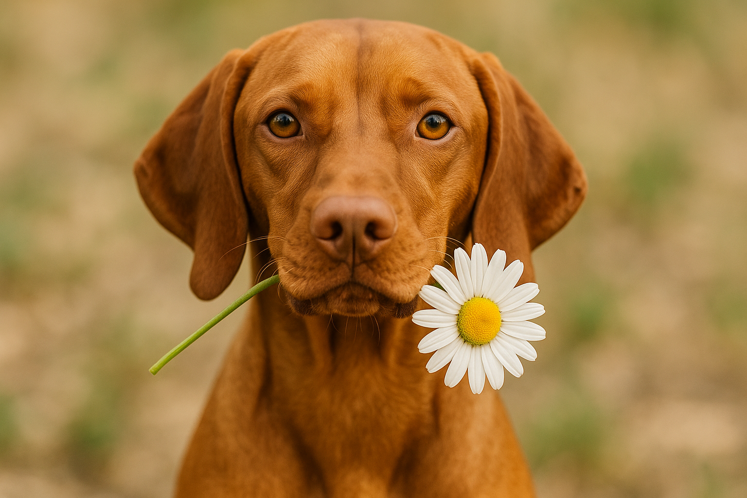 A Vizsla dog with a daisy hanging out of its mouth